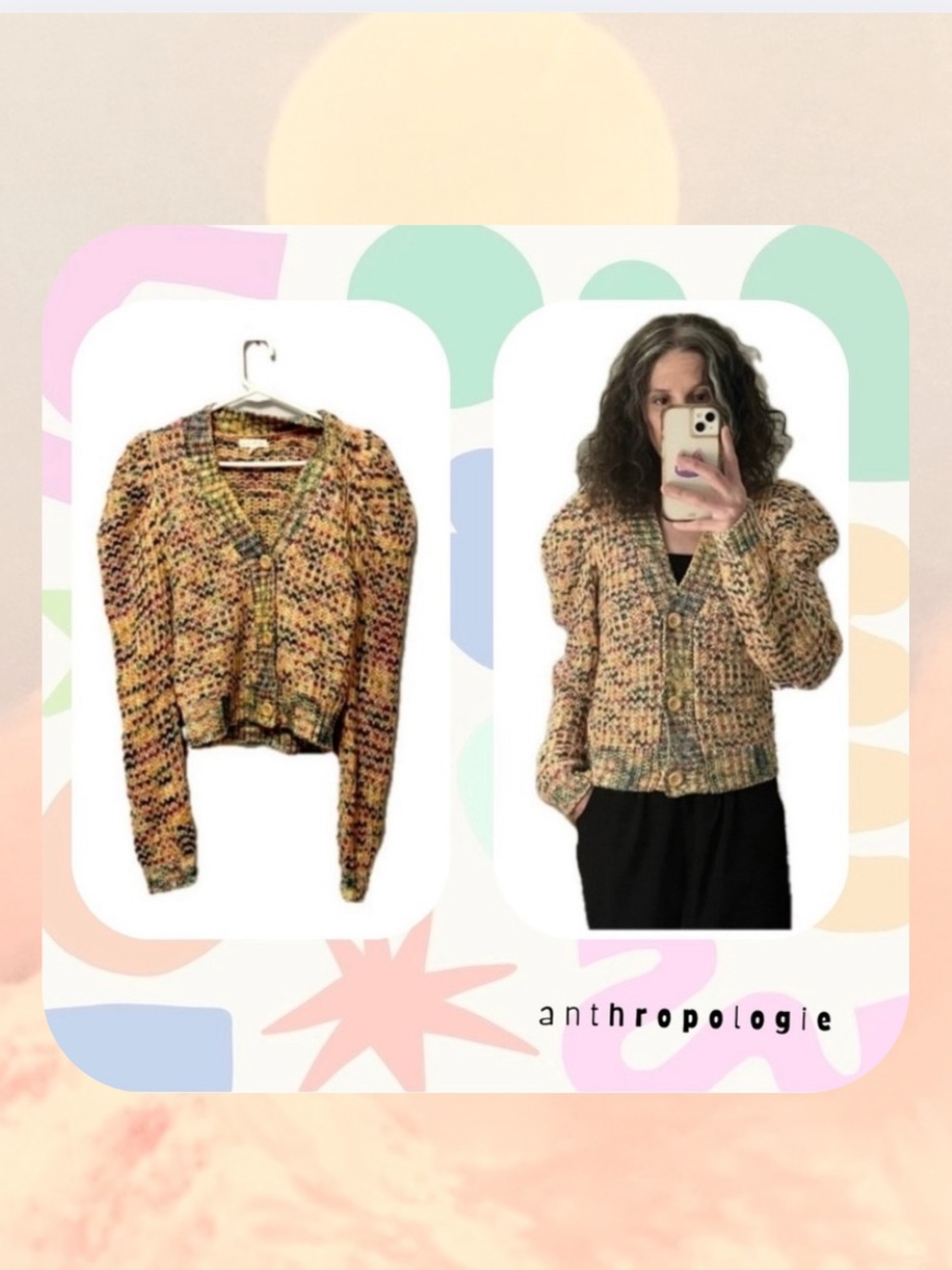 By the River colorful quilt knit puff sleeve cropped cardigan sweater